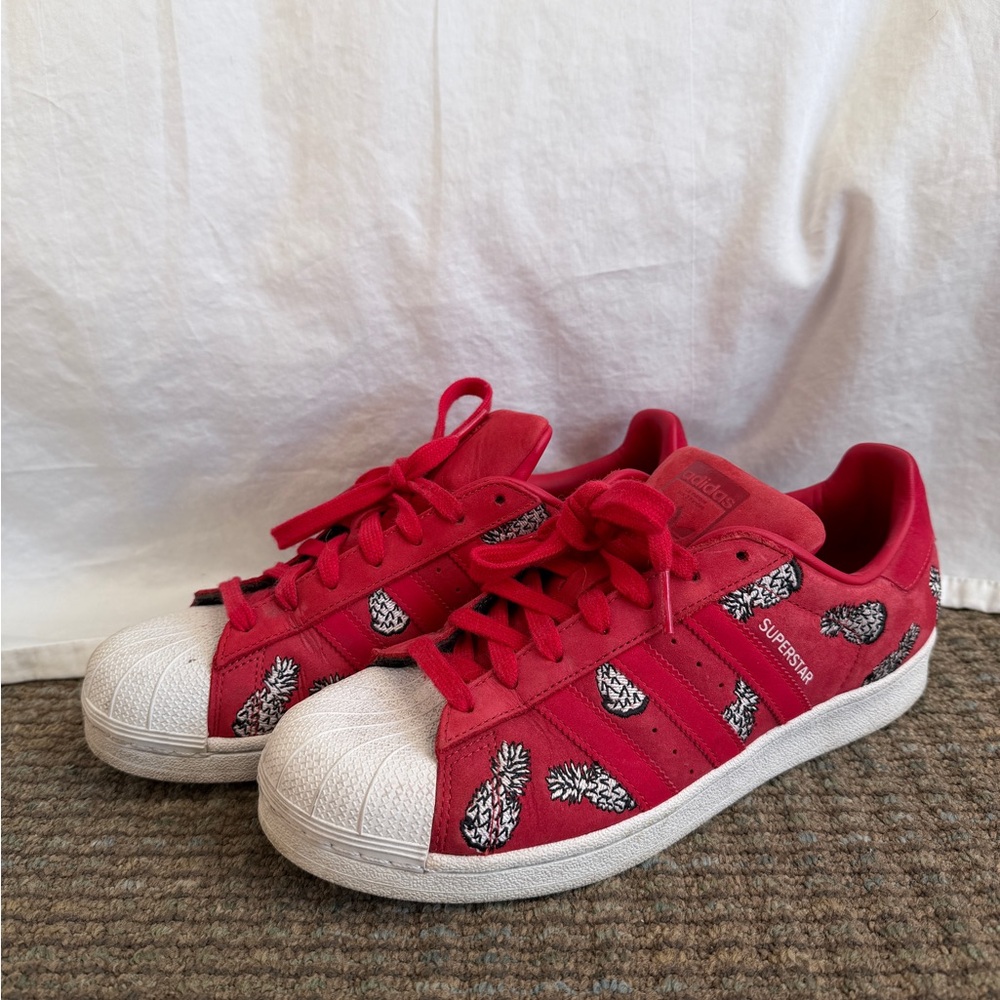 Adidas x The Farm Company Red Superstar Sneakers with Pineapple Design
